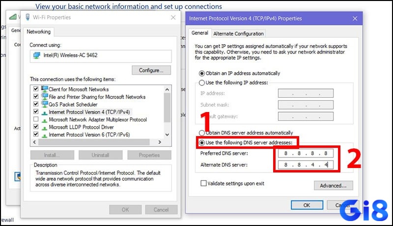 Thay đổi DNS: 8.8.8.8